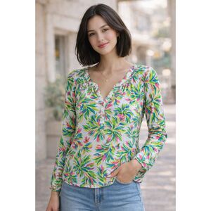 Stella Parker Tropical Print V-Neck Long Sleeve Boho Top Size L 100% Cotton #2